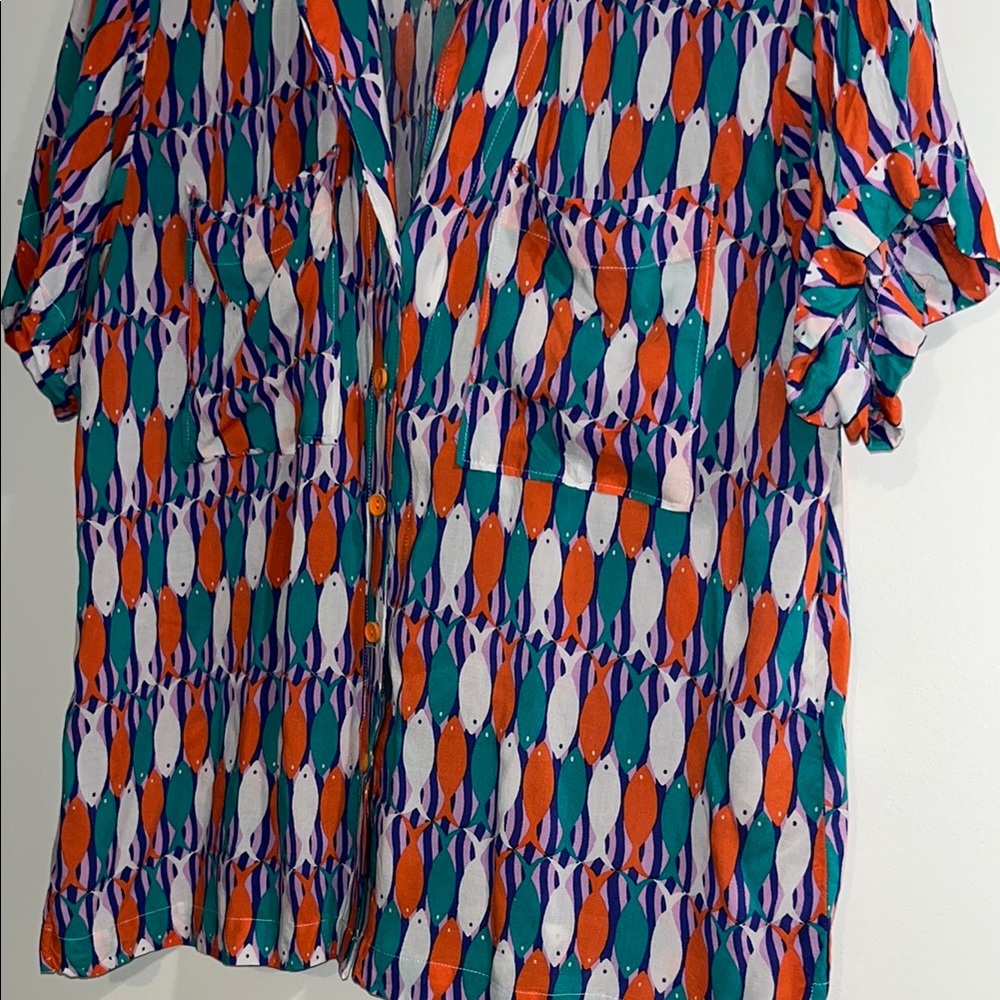 Maeve Printed Short-Sleeve Button Front Blouse in Teal, Orange & Purple - Picture 2 of 11